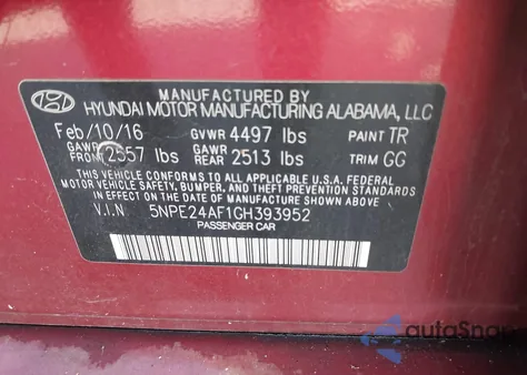 2016 Hyundai Sonata Se from USA, damaged, VIN 5NPE24AF1GH393952